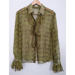 Louis Feraud Vintage Green Yellow Ruffle Front Blouse